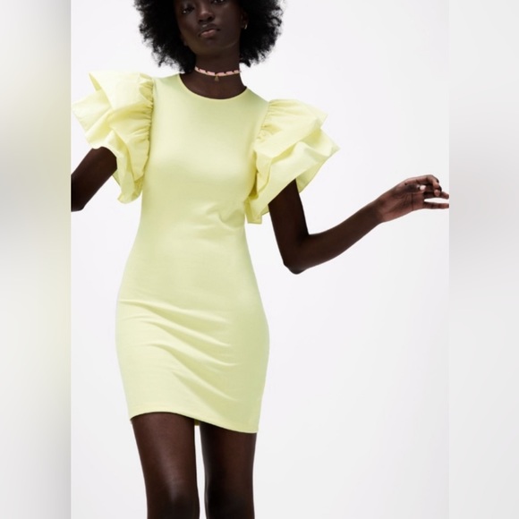 Zara Puff Voluminous Ruffle Poplin Sleeve Bodycon Mini Dress Pastel Yellow Sz M - Picture 2 of 16